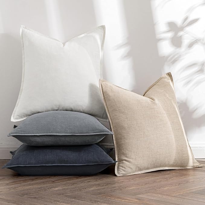 MIULEE Neutral Cream/Gray Boho Linen Pillow Covers 20x20 Inch Pack of 4 | Natural Decorative Throw Pillow Covers, Soft Farmhouse Couch Pillowcases, Modern Home Decors for Living Room Bed Sofa
