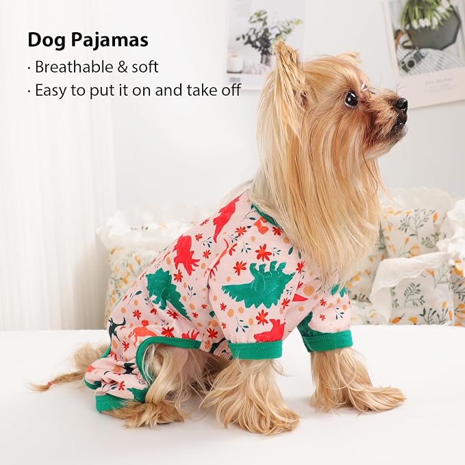 DaFuEn Dog Pajamas for Small Dogs, Soft Stretchy 4 Legs Puppy Jumpsuit, All Season Cozy Pet PJs for Chihuahua Yorkie Teacup Dogs, Cat Clothes (Green Dinosaur, S)