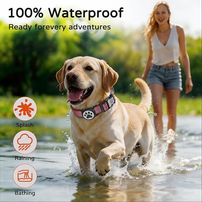 Waterproof AirTag Dog Collar with QR Code Dog Tag, Red S | IP68 waterproof, QR code dog tag, Anti-Lost, Online profile, fits XS-L (8"-26"), Padded nylon, Reflective, No App, No Fees