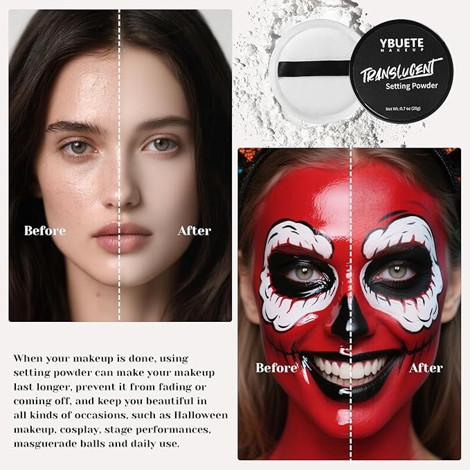 White Blue Face Body Paint Stick Set with Translucent Setting Powder and Sponges, Professional Full Coverage Face Painting for Adults Halloween Cosplay SFX Avatar Corpse Bride Skull Makeup