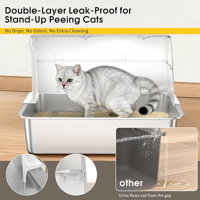 Enclosed Stainless Steel Litter Box with Lid for Most Adult Cats | 50% Thicker Metal, Dog Proof, Front & Top Entry, Leak-Proof Base, Scratch Resistant, Easy Clean