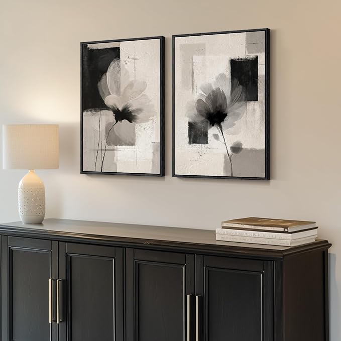 Framed Neutral Abstract Floral Wall Art for Bedroom, Set of 2 Black and Beige Minimalist Canvas Prints Paintings Artwork for Walls, Modern Elegant Pictures for Living Room Dining Room Wall Decor 16x24 In
