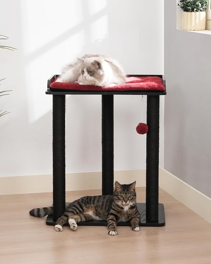 26.7in Large Cat Tree Tower Condo, Cat Scratch Posts for Indoor Cats, Big Plate, Three 23.6in Full Sisal Scratching Posts, Black&Red