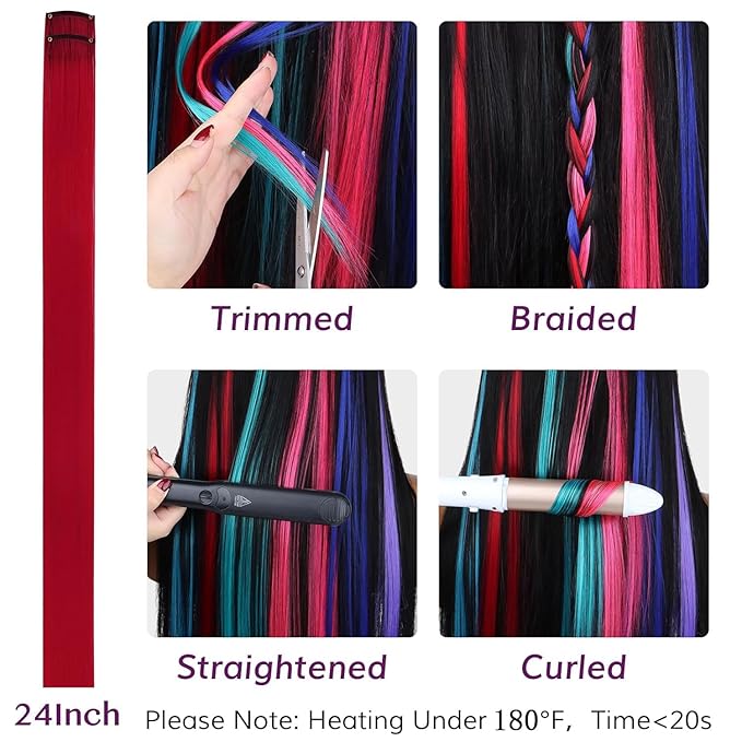 IDN BEAUTY Colored Clip in Hair Extension, 12PCS Red 24Inch Invisible Clip Straight Synthetic Hair Pieces for Women, Hair Accessories for Party Cosplay Travel Birthday