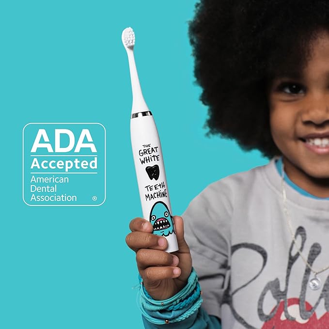 Made by Dentists Kids Electric Toothbrush - Rechargeable Vibrating Toothbrush with Timer, Includes 6 Replacement Heads, Gently Cleans Teeth, Kid & Toddlers Age 2+, Shark