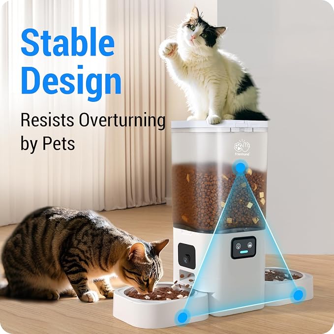 Frienhund Dual Automatic Cat Feeder with Camera for 2 Cats: 5G WiFi Automatic Dog Feeder with Night Vision, 7L Auto Cat Food Dispenser with Two Camera for Multiple Pet, Easy to Clean-29 Cup(ACF180W-A)