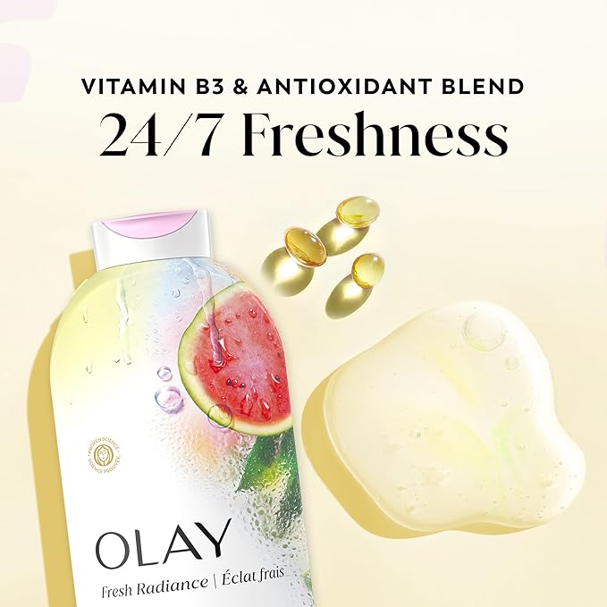 Olay Body Wash for Women, Fresh Radiance, 24/7 Skin-Loving Freshness, Visibly Radiant, Plant Based Cleansers, Vitamin B3 & Antioxidant Blend, For All Skin Types, Watermelon & Agave Scent, 22 fl oz