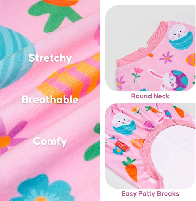 KYEESE Easter Dog Pajamas, Soft Dog Pajamas for Small Dogs Girl, Stretchy Dogs Pjs Velvet Puppy Jumpsuit with Eggs & Bunny Pattern, Comfy Lightweight Pet Outfit, Pink, S