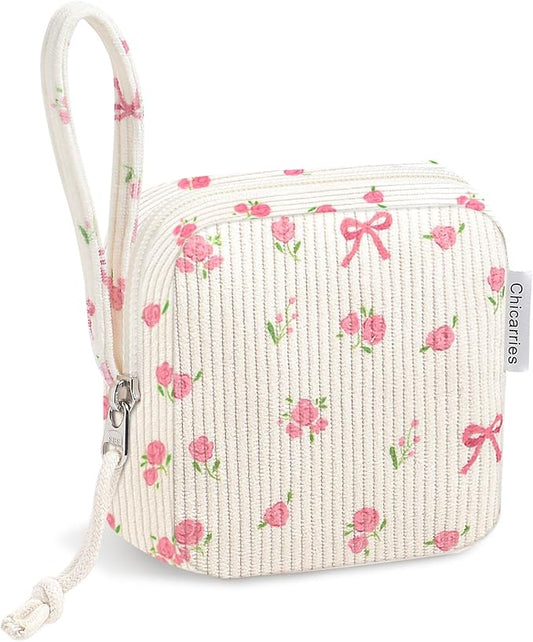 Small Makeup Bag | Discreet Period Bag Pad Pouch for Purse| Sanitary Napkin Storage & Tampon Holder for Travel Wallets and Handbags(Flower bow beige)
