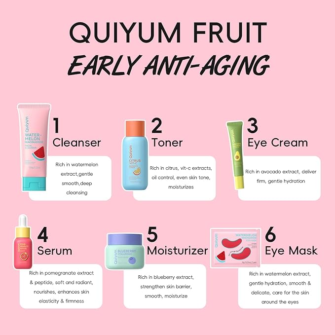 Early Anti-Aging Skincare Set, for Light Mature Skin, 6-Piece Natural Fruit Kit with Peptide, Vitamin C & Ceramide - Reduces Fine Lines & Dull Skin, Birthday Gifts for Women, Christmas Gift