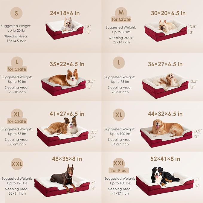 EHEYCIGA Orthopedic Extra Large Dog Bed, Waterproof Washable XL Pet Bed 44" | Non-Slip Bottom and Egg-Crate Memory Foam Big Dog Couch Bed with Washable Removable Cover, Red, 44Inch