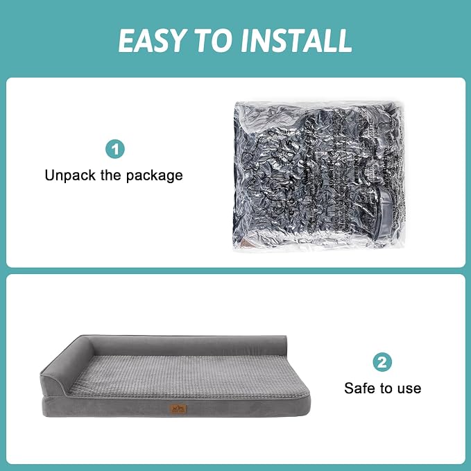 COZY KISS Orthopedic Dog Bed for Extra Large Dogs, L Shaped XL 42x30 inch | Non-Slip Bottom Soft Pet Sofa with Washable Removable Waterproof Cover, Egg-Crate Foam Couch with Portable Handle, Grey