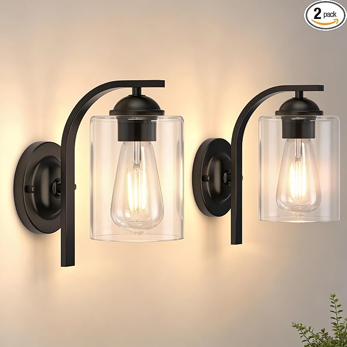 2-Pack Wall Sconces Lights Lamp for Bedroom Bathroom, Modern Vanity Light Fixtures, Black Farmhouse Wall Mount Lighting Lanterns with Clear Glass Shade for Living Room Mirror Hallway Kitchen