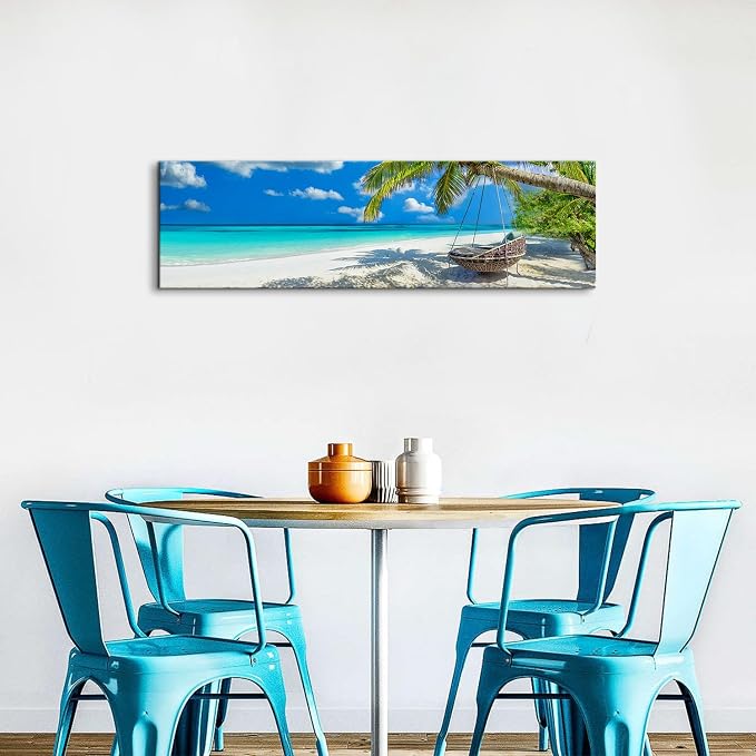 Nature Coastal Scenery Wall Art Tropical Ocean Wall Decor Seascape Coconut Trees on Sands Beach Canvas Picture Photo Nautical Bathroom Painting Blue Sea Coastline Poster Artwork Decorations 14x48”