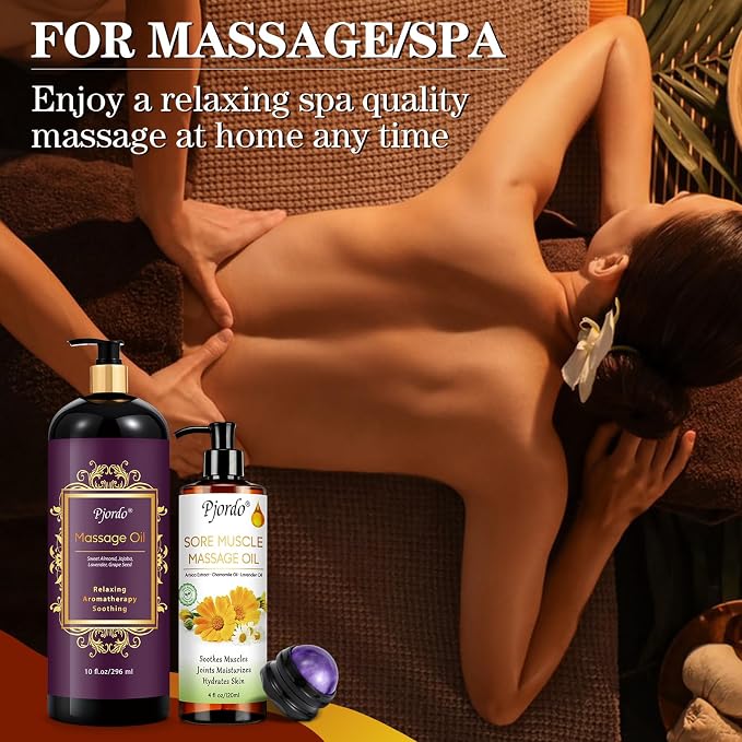 Pjordo Massage Oil for Massage Therapy, Lavender Massage Oils for Relaxation, Sore Muscle Arnica Oil with Massage Roller Ball, Calming, Moisturizing, Soothes Muscles, Spa Gift Set for Him Her