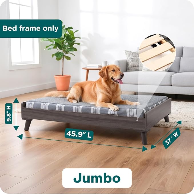 Furhaven (Old Version) Elevated Dog Bed Frame for 44" x 35" XL Dog Beds, Easy Assembly - Mid-Century Modern Bed Frame - Gray Wash, Jumbo/XL
