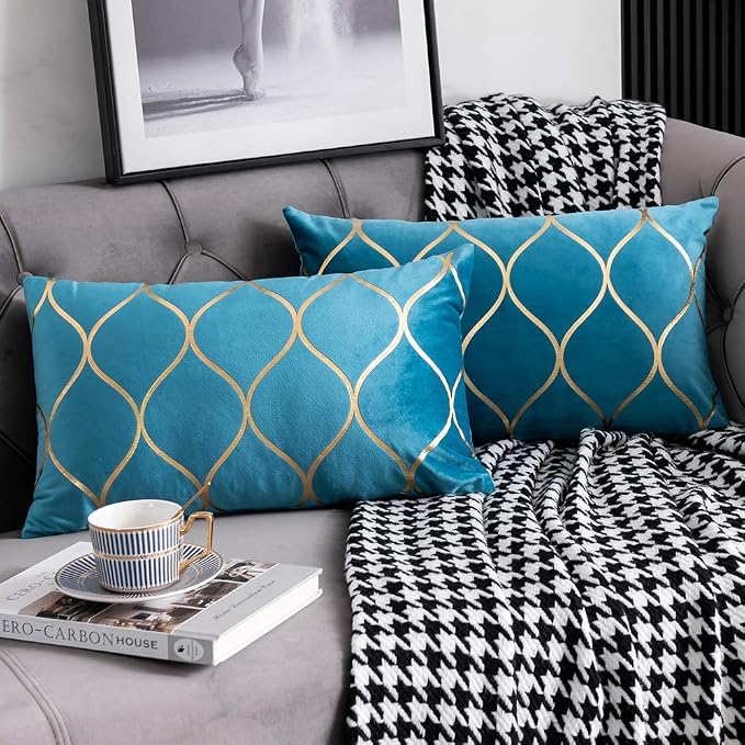 12x20 Inch Gold Velvet Throw Pillow Covers: 2 Pack Rectangular Decorative Pillow Cases for Bedroom Sofa Couch Living Room, Turquoise
