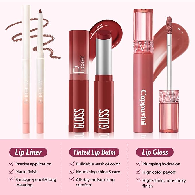 3PCS Lip Combo Set - Matte Lip Liner Pencil + Hydrating Tinted Lip Balm + Juicy Lip Gloss Tint, Non-Sticky, Long-Lasting, High Pigment Lip Makeup Kit (Berry Mousse Set)
