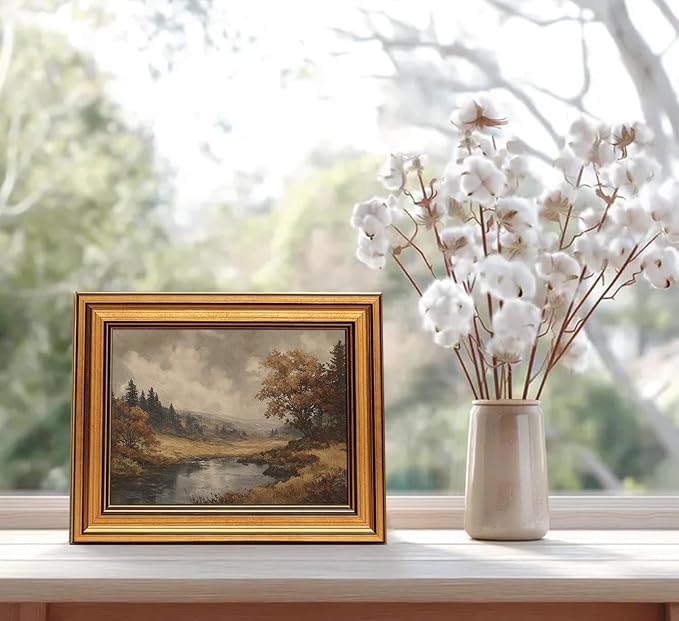 Vintage Gold Framed Wall Art Fall Forest Lake Landscape Painting Wall Decor | Autumn Scenery Pictures Canvas Art Farmhouse Cottagecore Small Framed Prints Artwork for Bookshelf Hallway Gallery Wall