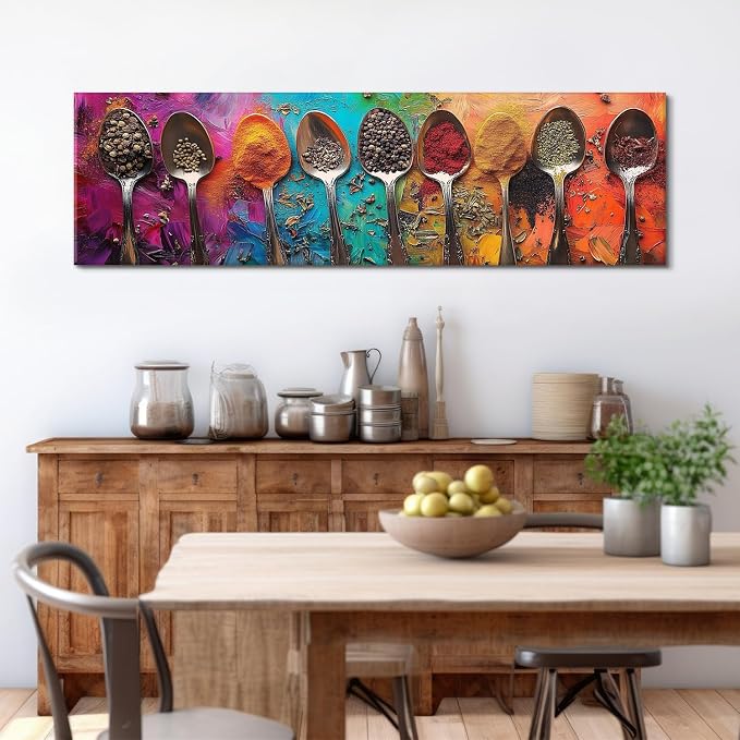 Colorful Spices Seasoning Spoon Canvas Wall Art Kitchen Wall Decor Large Abstract Seasoning Herb Picture for Dining Room Home Bar Decorations Watercolor Food Poster Contemporary Artwork 14x48”
