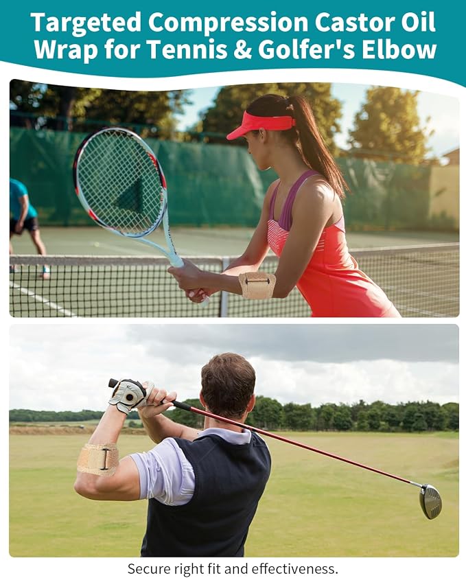 Castor Oil Pack Wrap for Tennis & Golfer's Elbow Castor Oil Wrap Tennis Elbow Brace Strap for Tendonitis Relief for Women Men Right & Left Hands,1 Per Pack L-XL