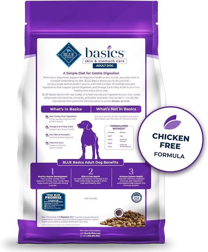 Blue Buffalo Basics Turkey Adult Skin & Stomach Care Dry Dog Food, 11 lb | Real Turkey #1 Ingredient, Limited Ingredient Diet, Antioxidant-Rich LifeSource Bits, Skin & Coat Health