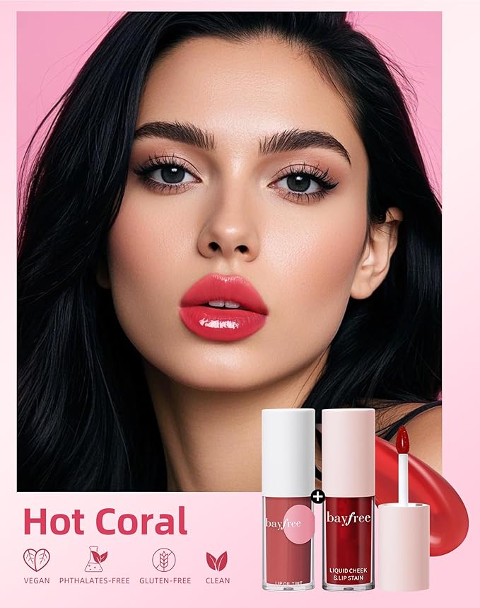 bayfree Tinted Lip Oil & Lip Stain Set, Korean Makeup, Smudge-Proof,Long-Wearing, 2-in-1 Cheek and Lip Tint with Moisturizing, High-Shine, Lightweight & Non-Sticky for Dry Lips, Cruelty-Free & Vegan