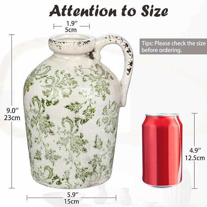 Ceramic Rustic Farmhouse Vase, 9 inch Ceramic Green and White Vase for Centerpieces Pampas Grass Pottery Jug with Handle Boho Chinoiserie Decor Vintage Vases for Living Room Kitchen Dinner Table Shelf