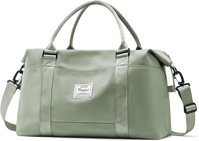 Travel Duffel Bags for Women Mens Waterproof Weekender Carry on Bag Sports Gym Bag Travel Tote Bags with Wet Pocket Overnight Bag Workout Duffel Bags with Trolley Sleeve Grey Green