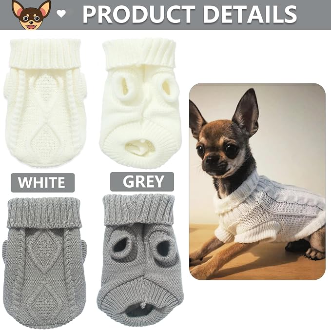 2 Pack Turtleneck Puppy Sweaters Warm Knitted Dog Sweaters for Small Dogs Girl Boy Teacup and Cats Pet Clothes Doggie Apparel Outfits, Grey White, XXS(0.9~2.4lbs)