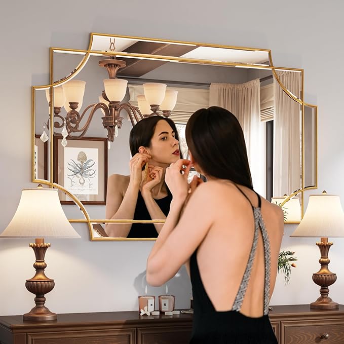 Kelly Miller 32"x48" Gold Foil Scalloped Edge Decorative Vanity Wall Mirror | Hand-Applied Gold Foil Finish. HD Mirror With French Cleat. Elegant Beveled Wall Mirror Decor For Bathroom Bedroom Entryway.