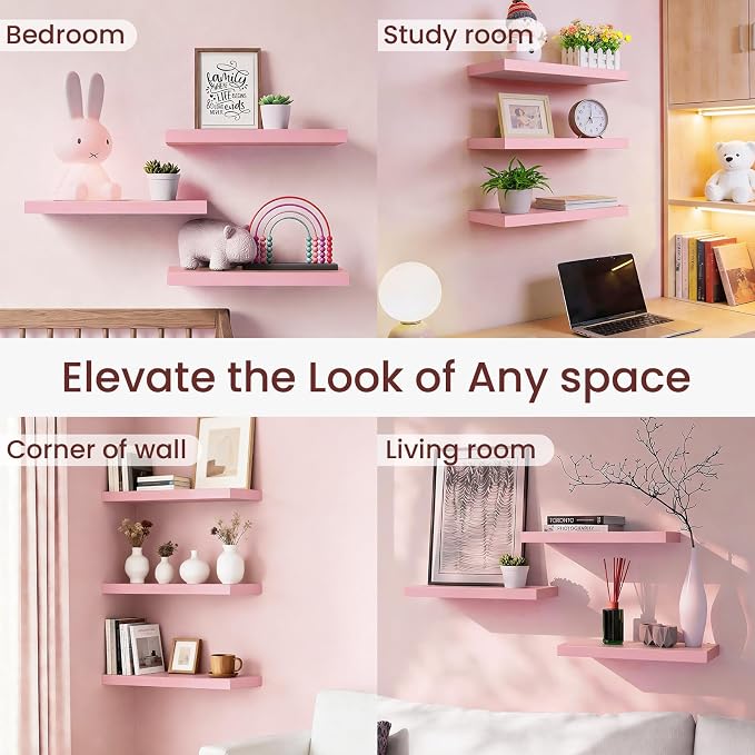 BAYKA Pink Floating Shelves 15.7in, Set of 3, Wall Mount Rustic Wood Shelf | 22lbs Max Load, Hidden Bracket, for Bathroom Bedroom Kitchen Display Storage Decor, Easy Install, Multi-Wall Compatible