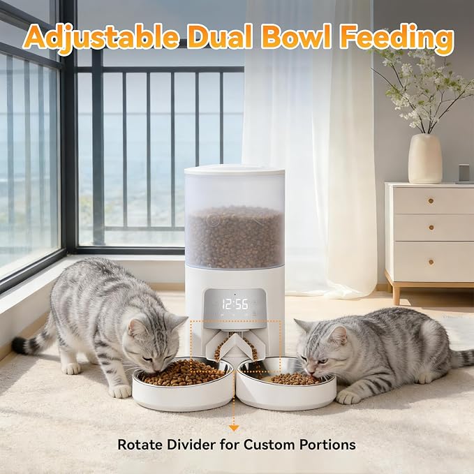 NEWBULIG Automatic Cat Feeder for 2 Cats, 6L Timed Pet Feeders, White | Dual Bowls, 25.3 Cups, 10s Voice Recorder, Dog Food Dispenser for Dry Food, 6 Meals/Day, 50 Portions/Meal, Dual Power Supply