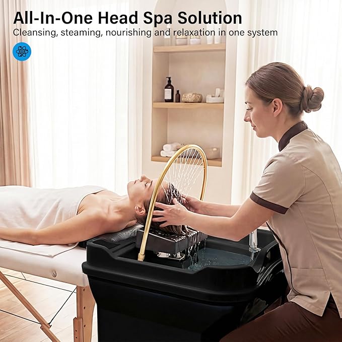 Head Spa Equipment with Thermostatic Waterfall Circulation, 60L Water Storage and 30L Wastewater Tanks, Mobile Shampoo Bowl with Fumigation & LED Therapy for Spa Bed Salon Scalp Care, Black