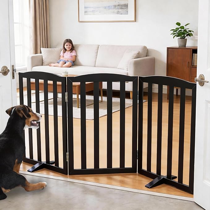 ZJSF Foldable Freestanding Indoor Dog Gate for House Wood Long Pet Gates Dog Fence for Stairs Puppy Gates for Hallways, Puppy Gate,Support Feet Included, Black, 32 "Height-3 Panels