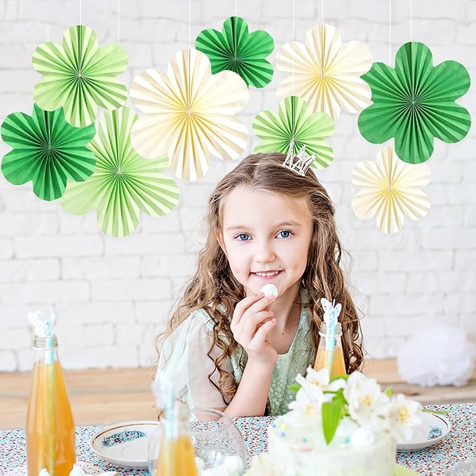 SUNBEAUTY Green Paper Flowers Decorations for Wall, Spring Summer Paper Fans Decor, Classroom Decor Paper Floral Backdrop Paper Flowers Decoration Hanging Paper Fans Green Flower Wall Decor, Set of 9