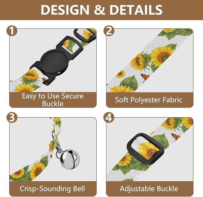 Sunflower Butterfly Leaves White Soft Cat Collar, 2 Pack Decorative Pet Collar with Bell