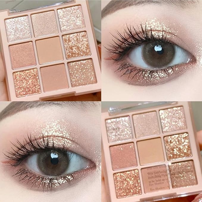 9 Colors Milk Tea Glitter Eyeshadow Palette, Matte Nude Neutral Brown Blendable Shades, Bronzer Champange Gorgeous Pearls Powder Eyeshadow, Sparkling Shimmer Daily Bright Diamond Makeup