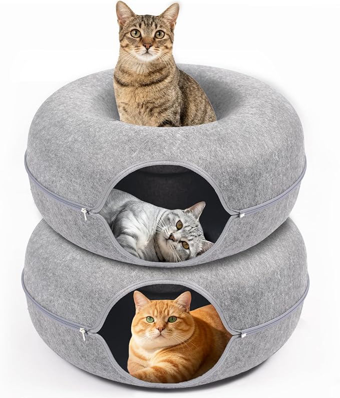 Cat Caves for Indoor Cats, Large Cat Tunnel for Multiple & Large Cats, Scratch Detachable Cave Bed, Kitten Donut Kitty Hideaway Up to 45 Lbs (Light Grey, Large, 2 Pack)