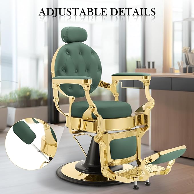 Barber Chair for Barbershop, Heavy Duty Recline Hair Salon Styling Chair with Removable Headrest, Professional Salon Beauty Spa Shampoo Equipment, Green Gold