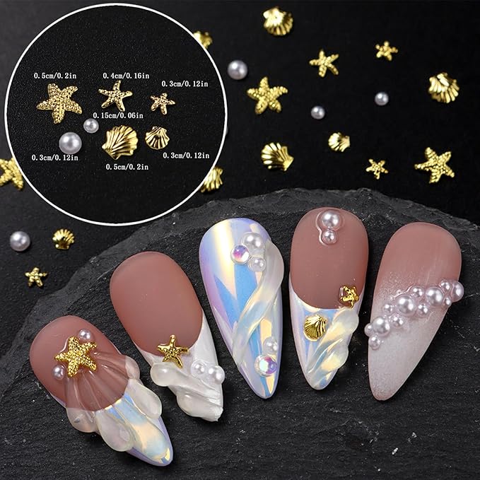 Summer Nail Charms, Ocean Style Starfish Scallop Half-Round Pearl Mixed Mini Nail Jewelry Gold Nail Rhinestones Pearls Ocean Theme Designs Metallic Slice DIY Manicure Nail Parts Y2K for Nails
