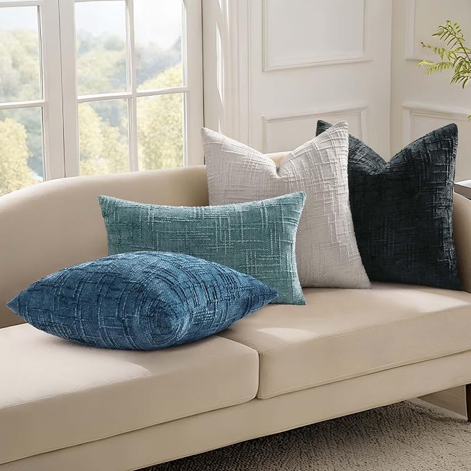 decorUhome Textured Chenille Throw Pillow Covers 18x18 Set of 2 Navy Blue | Fall Modern Farmhouse Soft Cozy Slubby Couch Pillow Cases Boho Decorative Pillow Cases for Bed Sofa Living Room Home Decor