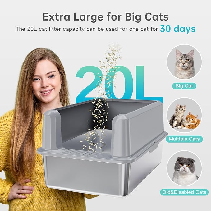WoofiGo Enclosed Stainless Steel Cat Litter Box with Lid, XL Extra Large Litter Box for Big Cats, Metal Litter Pan High Sided, Never Absorbs Odors, Anti-Urine Leakage, Include Scoop (SH-Light Gray)