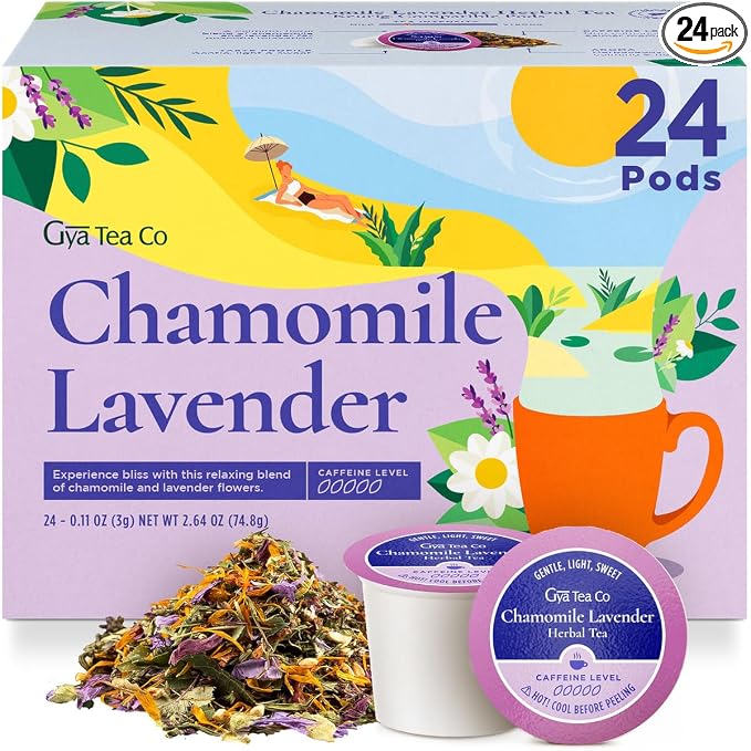 Gya Tea Co Chamomile Lavender Herbal Tea Pod (24 Count)- Decaf Wellness Tea for Body Comfort & Relaxing