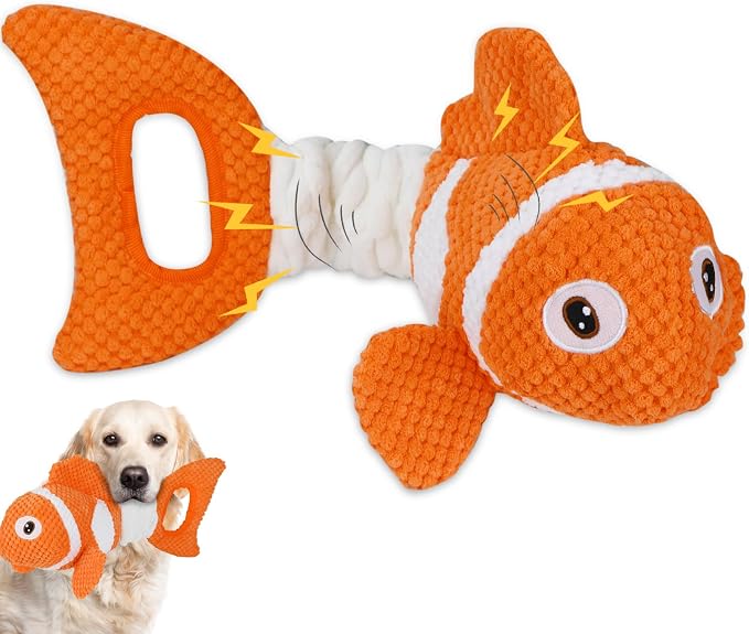 Squeaky Clownfish Dog Toy, Plush Crinkle Tug Toy with Handle