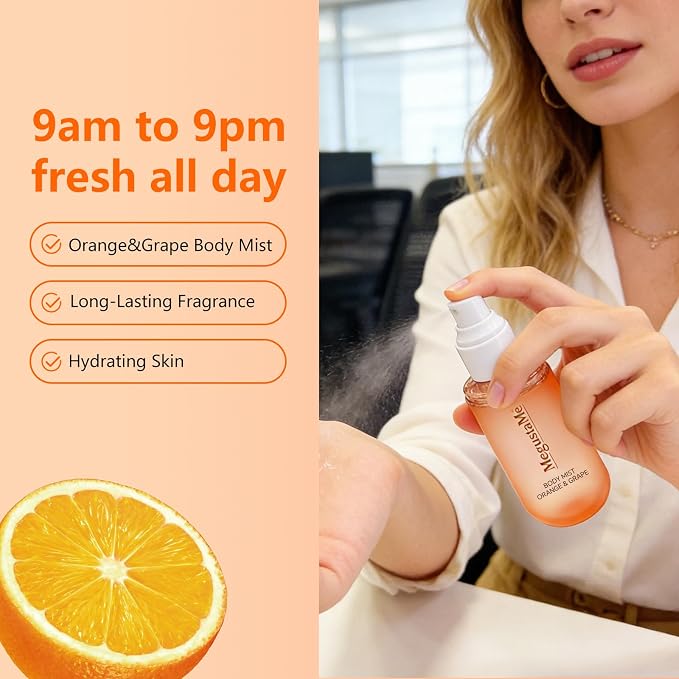 Orange & Grape Body Spray for Women, Long Lasting Citrus Fruits Perfume Mist, Paraben Free Phthalate Free, Lightweight Non-Sticky Gentle Skin Safe Daily Fragrance, Travel Size 3.38 fl oz