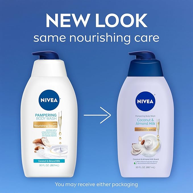 NIVEA Pampering Coconut and Almond Milk Body Wash with Nourishing Serum,Moisturizing Body Wash for Women,Enriched with Provitamin B5 and Vitamin E,20 Fl Oz Bottle,(Pack of 6)