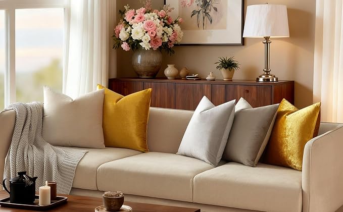 Throw Pillow Covers Set of 2 for Couch Velvet Cushion Covers 14x14,Golden | Decorative Pillow Covers with Invisible Zipper for Sofa Bed Living Room Bedroom Home Decor Modern