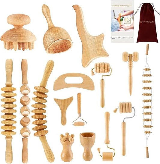 16Pcs Wood Therapy Massage Tools Set, Maderoterapia Massage Kit with Wooden Gua Sha Tools, Body Sculpting & Lymphatic Drainage Massager, Muscle Relaxation Roller for Face, Back, Legs & Full Body