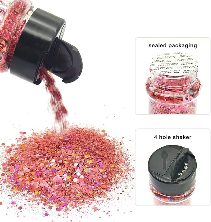 Pink - Holographic Craft Glitter - 2oz Glitter Shaker Bright Colorful Mix Chunky Body Glitter Bulk - 24 Colors in Shaker, Cosmetic Grade Glitter - LB911